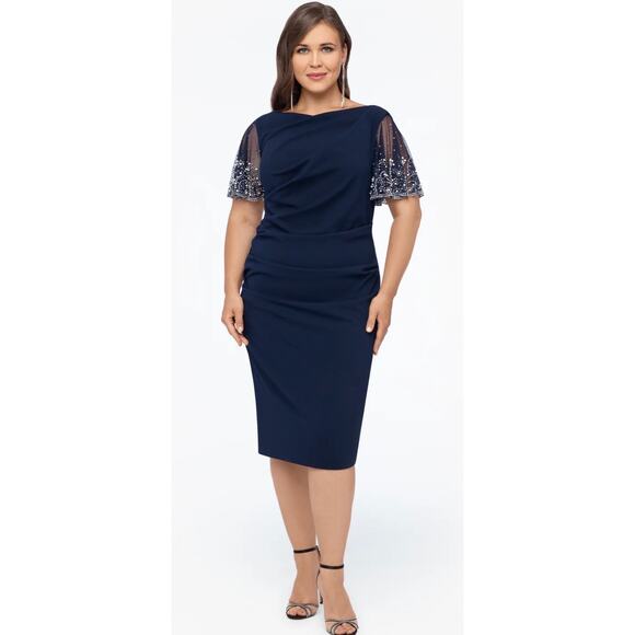 Betsy & Adam Navy Embellished Flutter Sleeve Ruched Crepe Dress 14 NWT - Picture 2 of 6